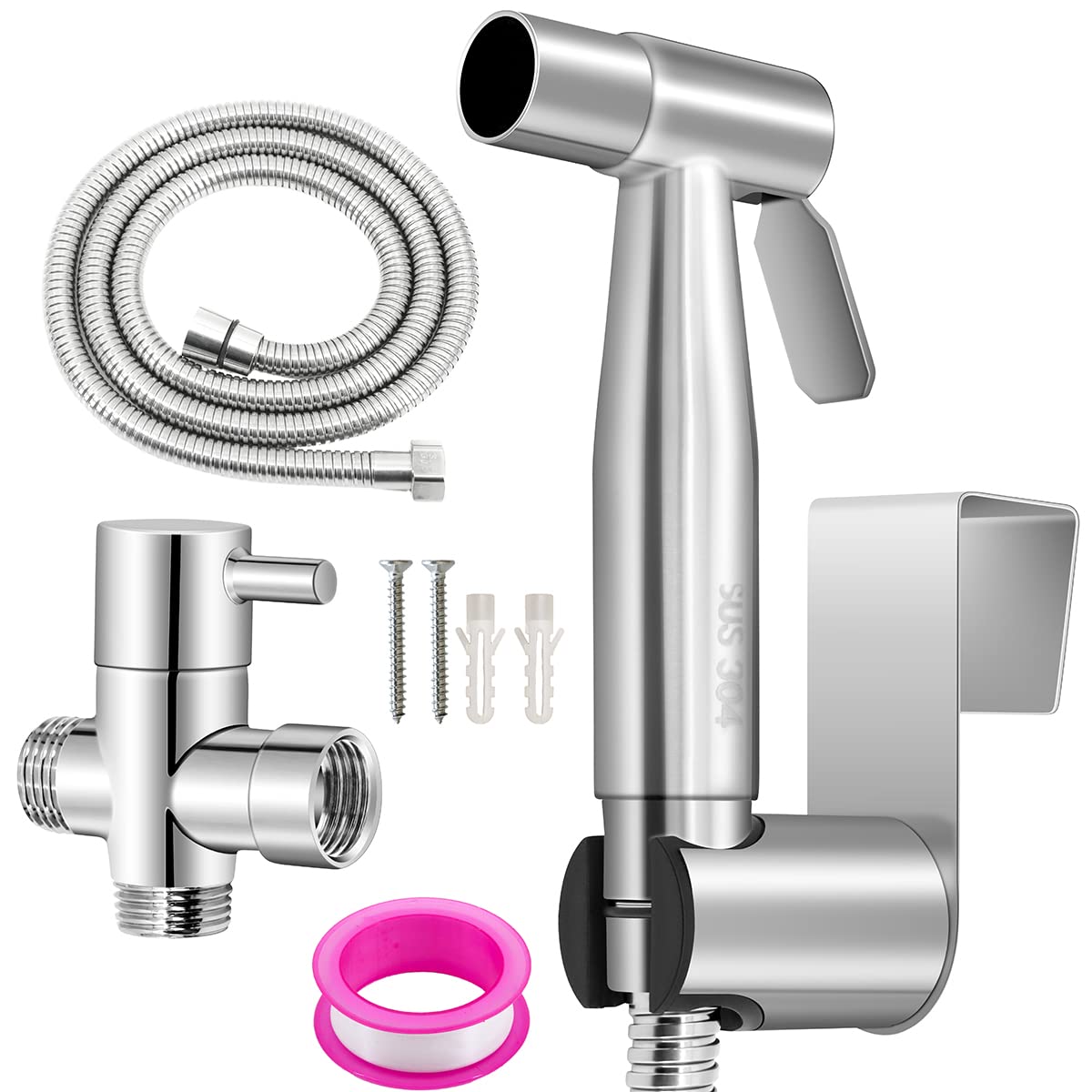 Ciciment Handheld Bidet Shower Kit,Stainless Steel Sprayer with 2 Way Diverter, Shower Hose and Holder for Pet, Bathroom or Toilet Cleaning