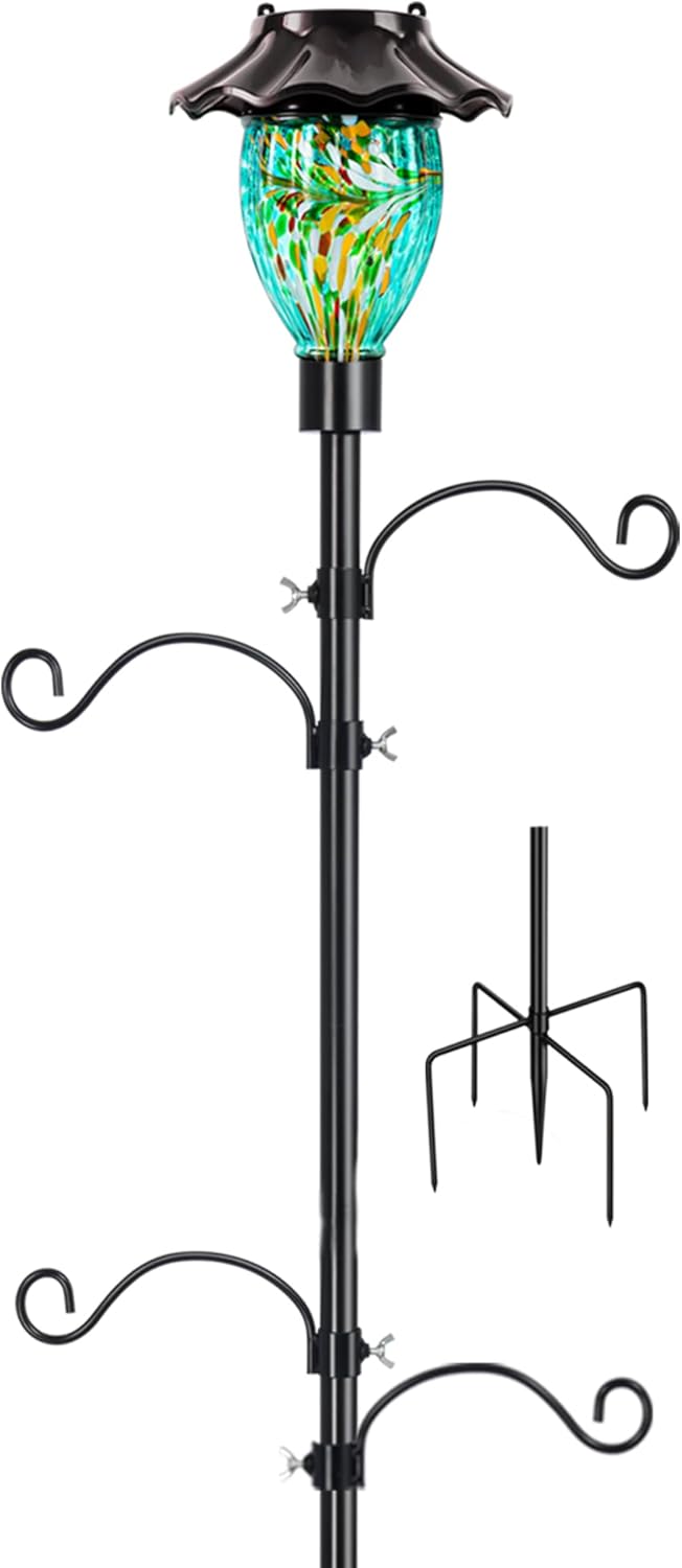 Outdoor Shepherd's Hooks - LUJII Adjustable Shepherds Hooks with Solar Glass Lamp for Outdoors, Heavy Duty Pole with 5 Prong Base for Hanging Bird Feeders, Hummingbird Feeders, Plant Baskets, Flower Pots or Wind Chimes