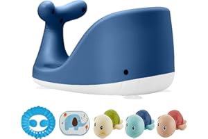 TUYEDOQE Whale Shape Baby Bath Seat – 3 Bath Toys + Bath Brush + Shower Cap – Ergonomic Backrest – Elastic and Breathable – 4 Strong Non-Slip Suction Cups – Ideal Gift! (Blue)