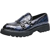 Men's Slip-On Patent Leather Platform Loafers with Double Buckle,Classic Non-Slip Penny Loafers Dress Driving Moccasins Casual Fashion Boat Shoes