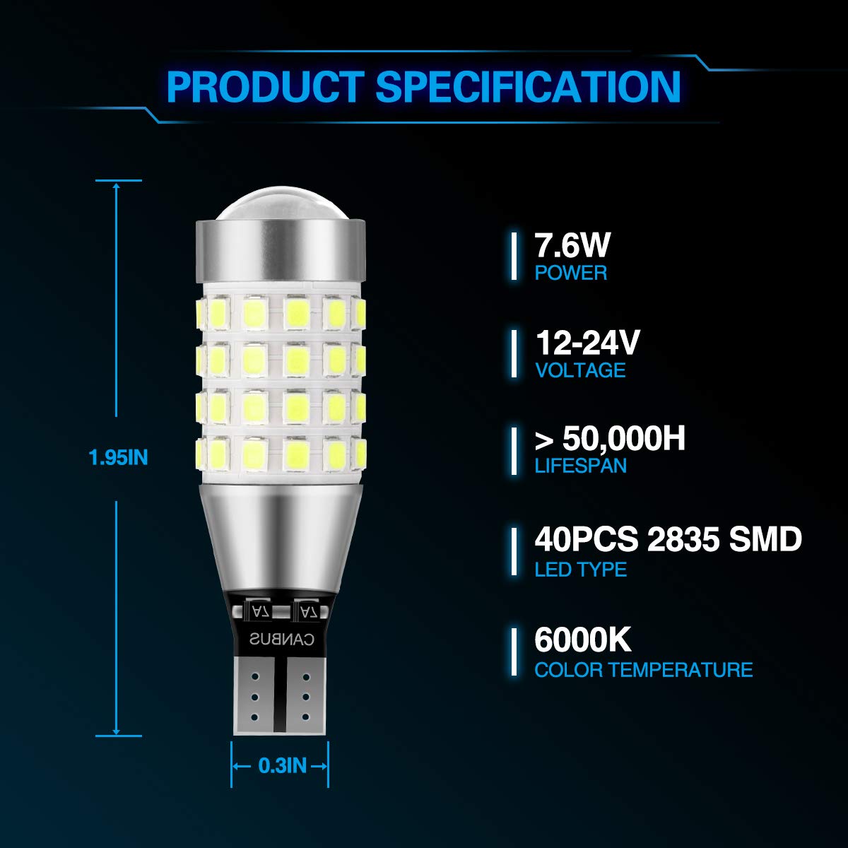 Pack of 2 NINGLE 921 LED Reverse Light Bulb White