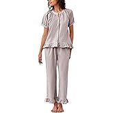 Flygo Womens Striped Pajama Sets 2 Piece Cotton Pjs Lounge Set Ruffle Button Down Tops Long Pants Soft Sleepwear with Pockets
