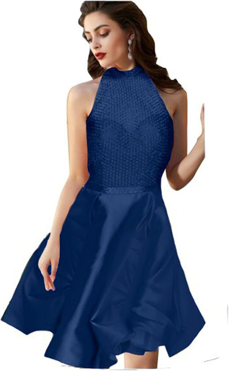 Homdor Women High Neck Beaded Dress Short 2017