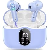 Wireless Earbuds, Bluetooth 5.4 Headphones Bass Stereo, Ear Buds with Noise Cancelling Mic, IP7 Waterproof in Ear Earphones, 36H LED Display Bluetooth Earbuds for Laptop Pad Phones Sports, Pale Blue