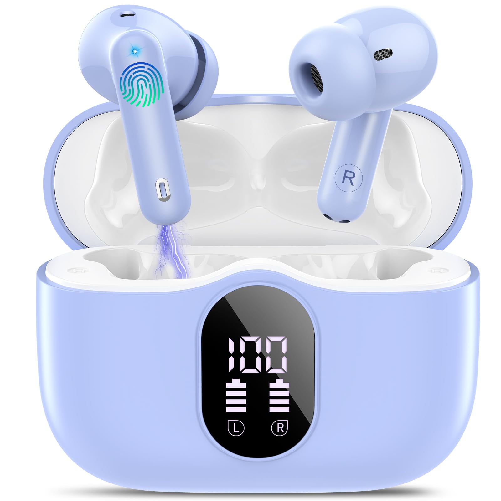 Wireless Earbuds, Bluetooth 5.4 Headphones Bass Stereo, Ear Buds with Noise Cancelling Mic, IP7 Waterproof in Ear Earphones, 36H LED Display Bluetooth Earbuds for Laptop Pad Phones Sports, Pale Blue Image