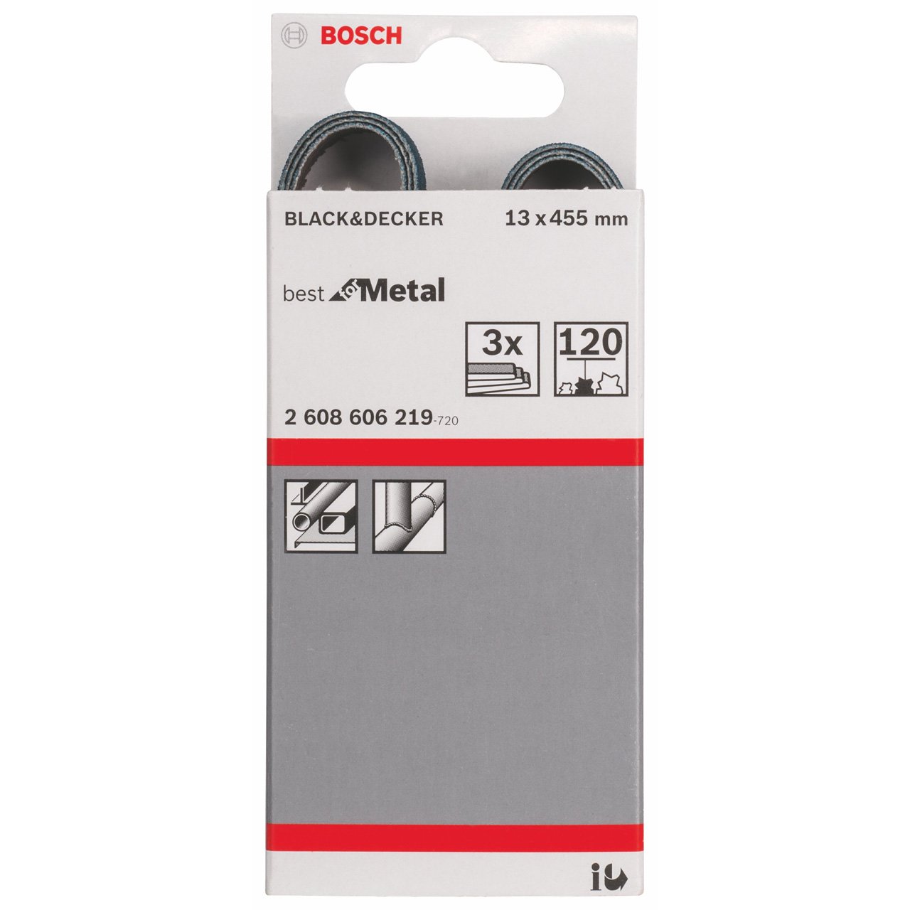 Bosch 2608606219 Sanding Belt for Metal, 13mm x 455mm, 120 Grit, Blue, Pack of 3