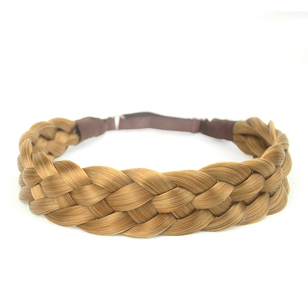 BOBIYA 5 Strand Synthetic Hair Braided Headband Classic Chunky Wide Plaited Braids Elastic Stretch Hairpiece for Women Girl (Golden Blonde)