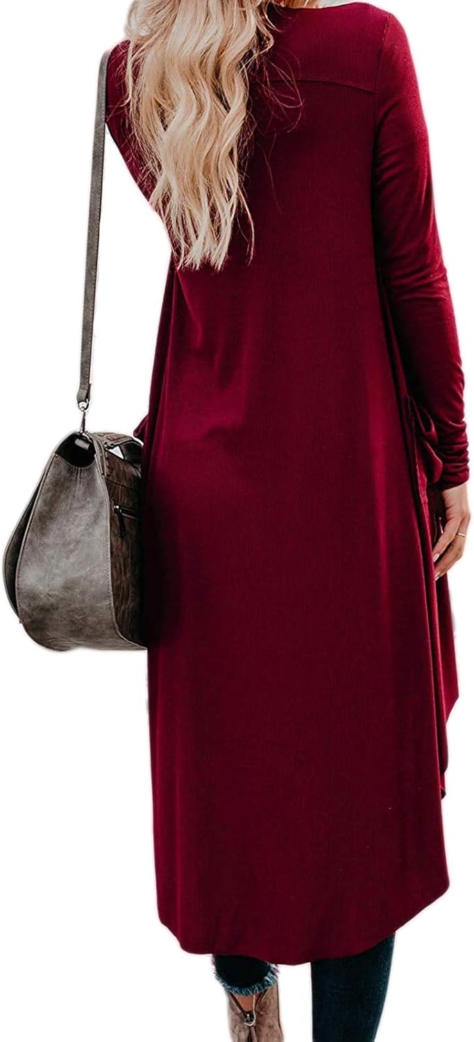 Bibowa Womens Long Lounge Sweater Drape Open Asymmetrical Cardigan with Pockets