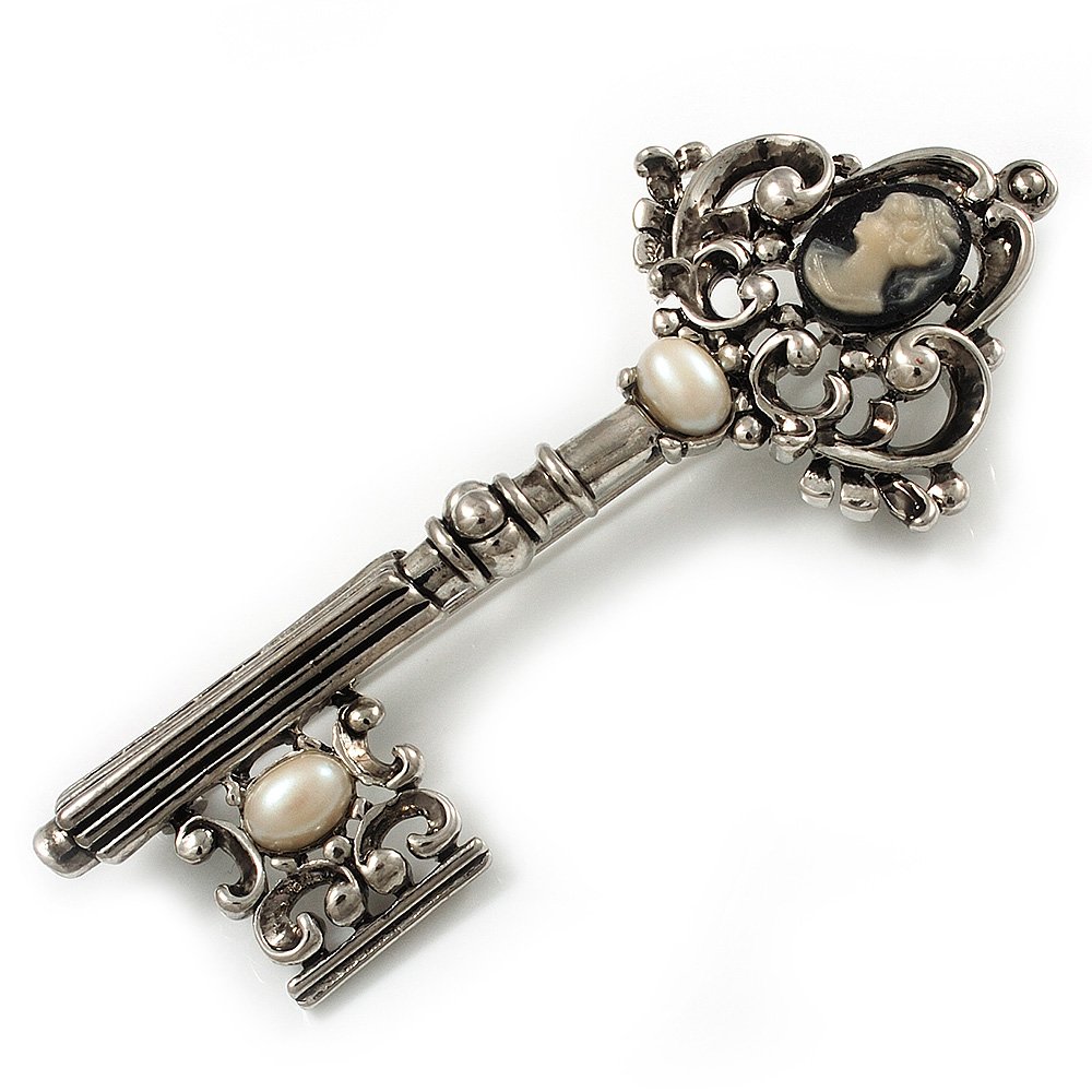 Burn Silver Vintage Cameo Key Brooch