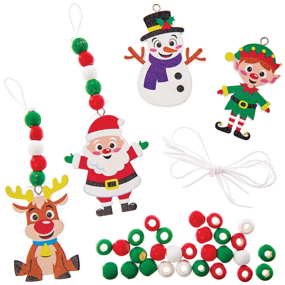 Baker Ross FX376 Christmas Wooden Bead Decoration Kits - Pack of 4, Wood Craft Decorations for Kids Christmas Party, Arts and Crafts for Kids, White