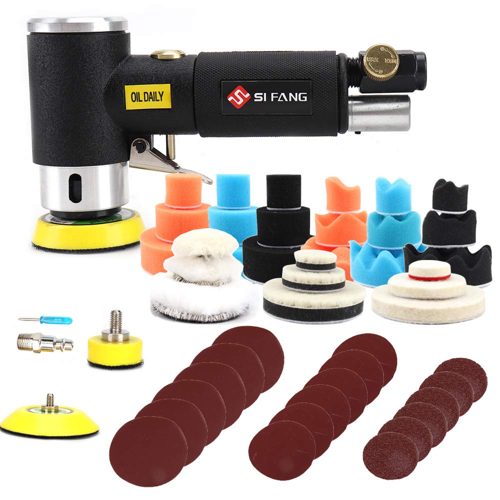 1" 2'' 3'' Mini Orbital Air Sander Da Sander for Auto Body Work with 25mm/50mm/75mm Posher Polishing Pads Sponge Waxing Buffing Kit