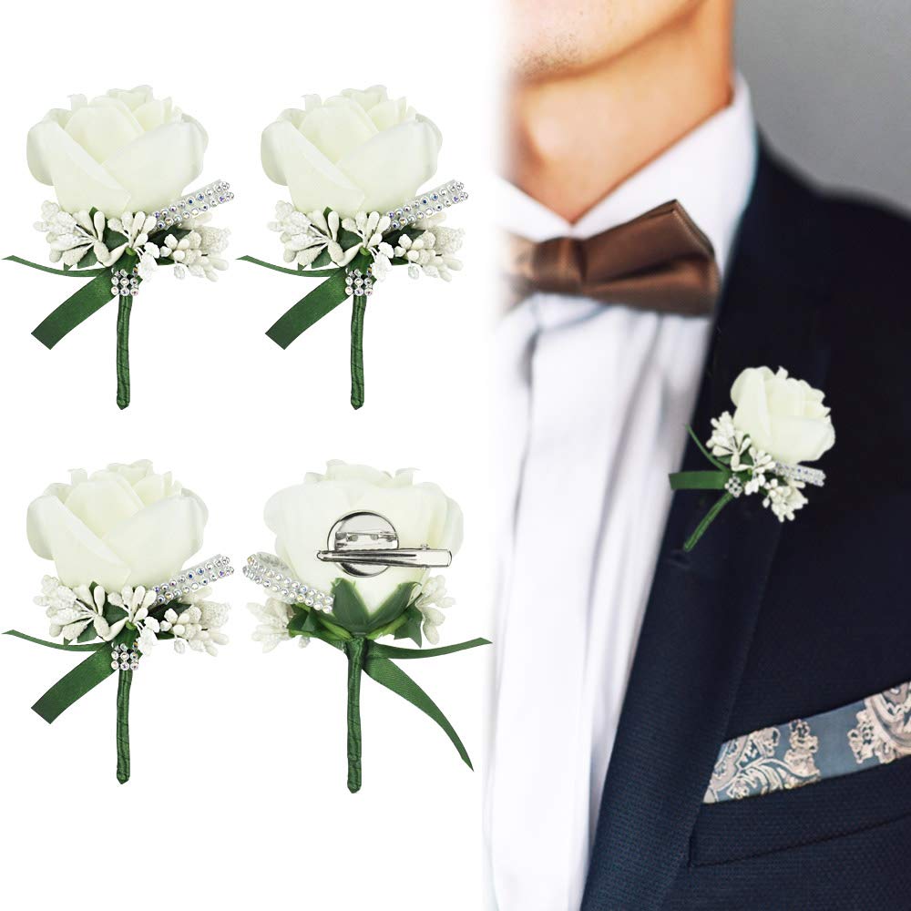 AFASOES 4pcs Wedding Boutonniere White Rose Boutonniere Handmade Corsage Buttonhole Flowers with Pin and Clip Artificial Wedding Flower Accessories for Men Groom Bride Suit Dress Banquet Party Decor