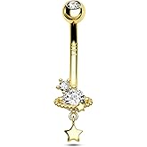 COCHARM 14K Gold Belly Button Rings Saturn Star 14K Yellow Gold Belly Rings for Women 10MM 14k Gold Barbell 14k Belly Navel Belly Piercing Jewerly