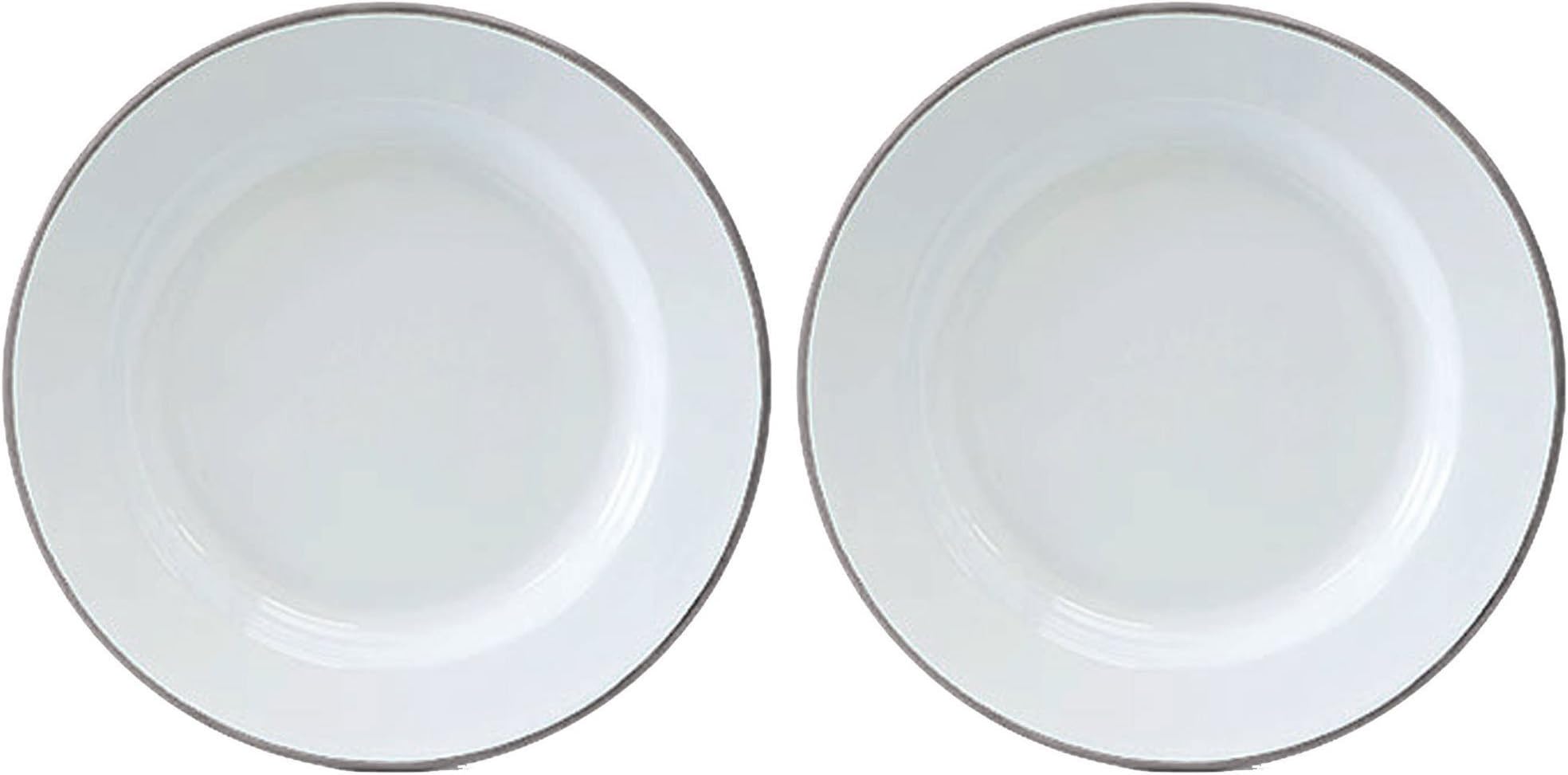 Crow Canyon Set of 2 Enamelware Dinner Plates White with Grey Rim, 10.25 Inches in Diameter By 1 Inch Tall.