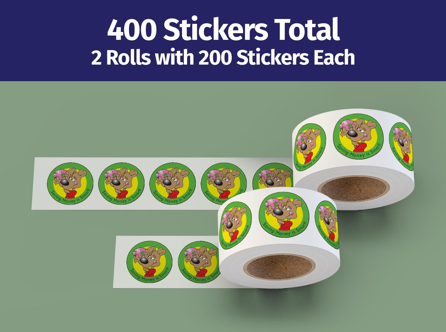 ZOCO - Positive Message Stickers - Saving Money is Smart Sticker Roll (400 Count) - Kids Giveaways Bulk - 2 Inch Round
