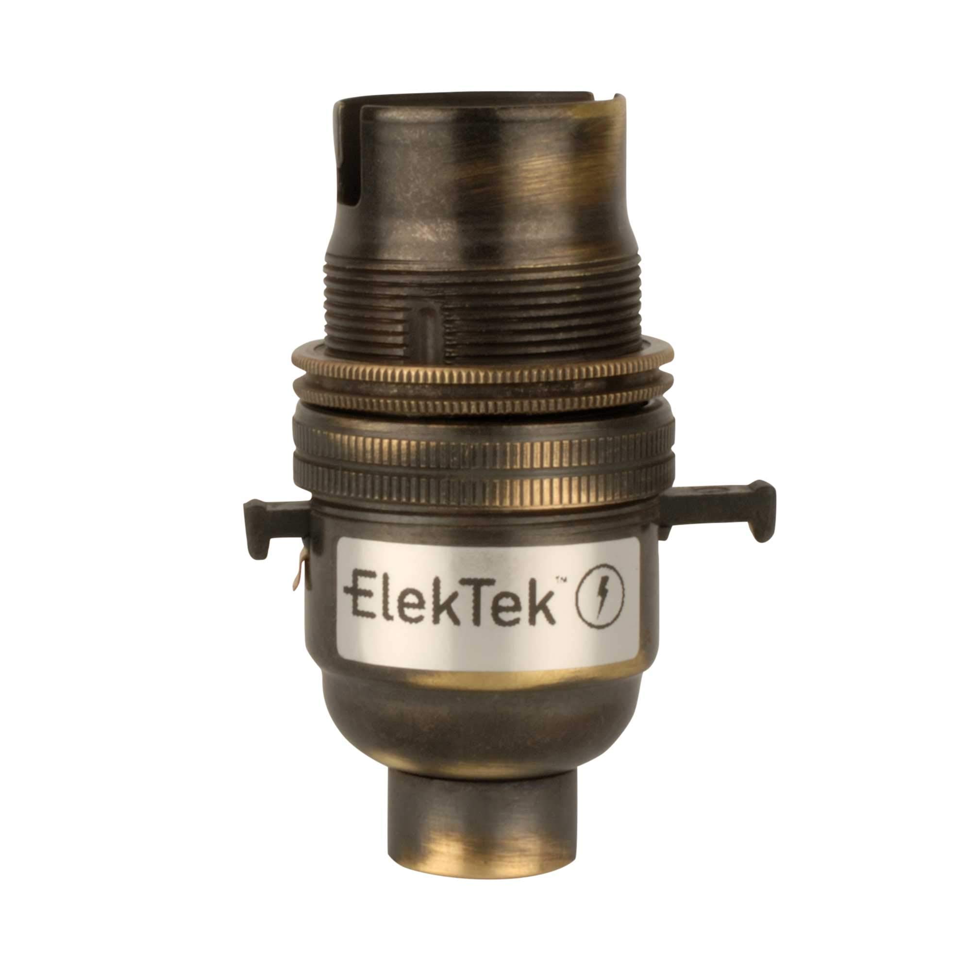 ElekTek Safety Switch Lamp Bulb Holder B22 BC Bayonet Cap & Shade Ring 1/2” 26TPI Threaded Entry Brushed Antique Brass Made in UK - Child Safe Switch Push Bar locks OFF & cuts power if no bulb fitted