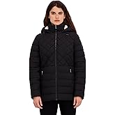 HFX womens Mid-weight Puffer Jacket – Water-resistant, Stretch Fabric Coat, Removable Faux Sherpa Lined Hood