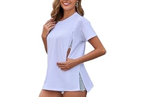 Ecavus Women's Oversized Nursing Shirts for Breastfeeding with Hidden Zipper Short Sleeves Side Splits Maternity Tops