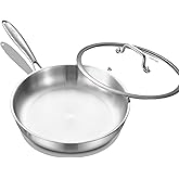 DELARLO Tri-Ply Stainless Steel Frying Pan with Lid, Compatible with All Cooktops Up to 600℉, Heavy Duty, 8 inch Fry Pan with Lid, Fast & Even Heat, 8 inch Skillet, 18/10 Stainless Steel Pan