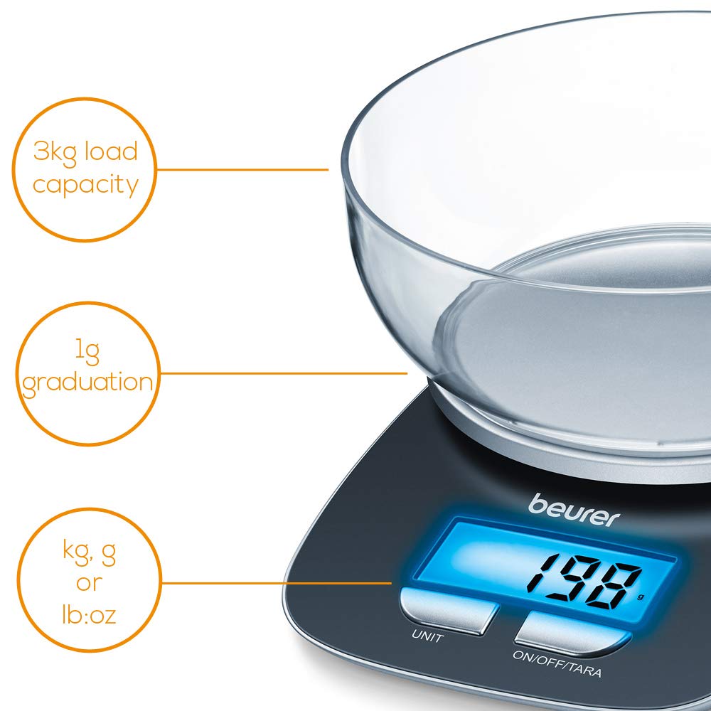 Beurer KS25 Digital Kitchen Scale | with 1.2l Weighing Bowl | Tare Weighing Function | Adjustable Between kg, g, lb, oz | 3kg Weight Capacity