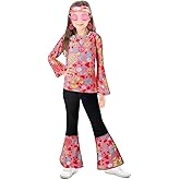 IWALUE 60s 70s Outfits Hippie Kid Girls Costume Set Disco Boho Flared Pants Accessories Set