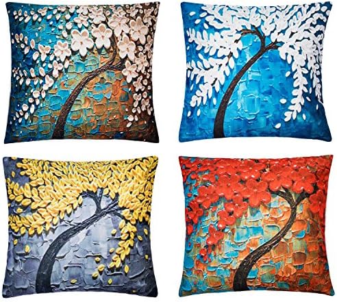 HONEYJOY 4PCS Cotton Linen Throw Pillowcase Vintage Mural Flower Tree Oil Painting Pillow Covers Decorative Sofa Car Office Square Durable Pillowslip for 18" x 18" Inserts (Red, Teal, Yellow, White)