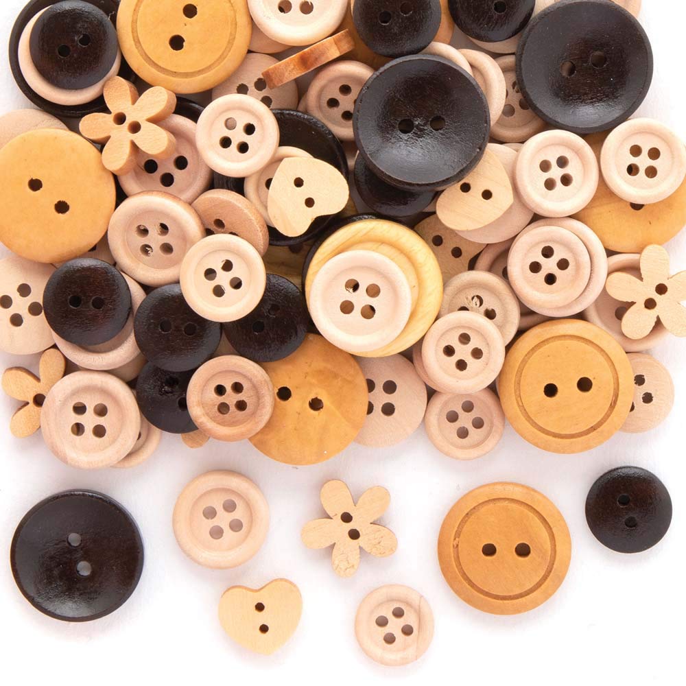 Baker Ross AX377 Assorted Wooden Buttons for Crafting - Pack of 120, Great for Button Art for Kids, Arts and Crafts, Embellishing, Scrapbook or for School Classroom Supplies