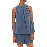 Beaully Linen Short Sets 2 Piece for Women Summer Casual Sleeveless Halter Neck Tops And Shorts Set Travel Outfits