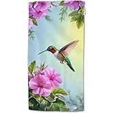 HGOD DESIGNS Hummingbird Hand Towels Small Bird Hummingbird On Pink Flowers and Green Leaves Soft Hand Towel for Bathroom Kitchen Yoga Gym Decorative Towels 15"X30"