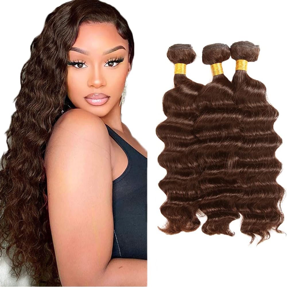 Creuost #4 Chocolate Brown Human Hair Bundles Deep Wave Weave 3 Bundles Total 300g Real Unprocessed Virgin Glueless Double Weft Weave Human Hair Extension 26 28 30 Inch — image 1