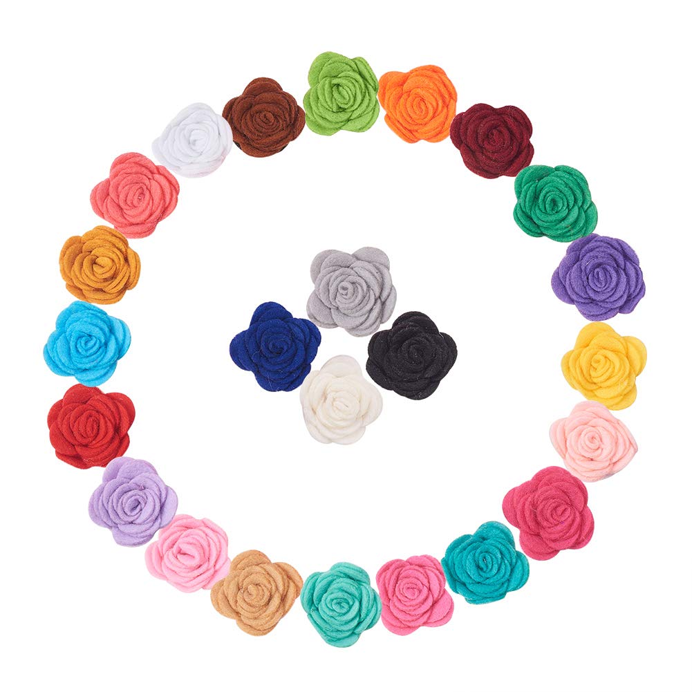 WANDIC Felt Rose Flowers, 24 Pcs Flower Embellishments Assorted 24 Colors for Crafts Headbands Clothes Hair Accessories
