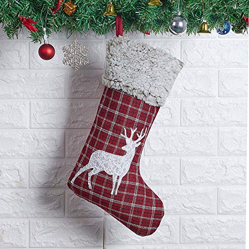 KESOL Christmas Stocking, 18 Inch Red Plaid Xmas Stocking Plush Faux Fur Cuff Stocking for Home Holiday Party Decorations Gift (Reindeer) - Thumbnail 3