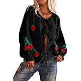 myzgx Women's Cute Y2K Cherry Bow Knot Cardigan Sweater Crewneck Chunky Knit Coatigan Coat Tops