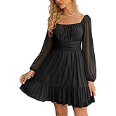 Wenrine Women's Mesh Long Sleeve Square Neck Dress High Waist A Line Ruffle Hem Flowy Casual Party Mini Dress