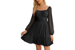 Wenrine Women's Mesh Long Sleeve Square Neck Dress High Waist A Line Ruffle Hem Flowy Casual Party Mini Dress