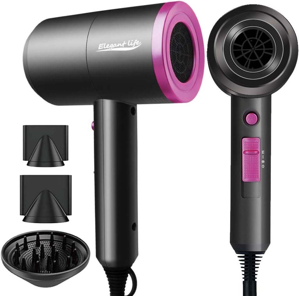 Ionic Hair Dryer, Elegant Life 1800W Professional Blow Dryer Built-in Powerful AC Motor, 3 Heating/2 Speed/Cold Settings, with 2 Nozzles and 1 Diffuser, for Home Salon, Travel, Pregnant & Kid: Health & Personal Care