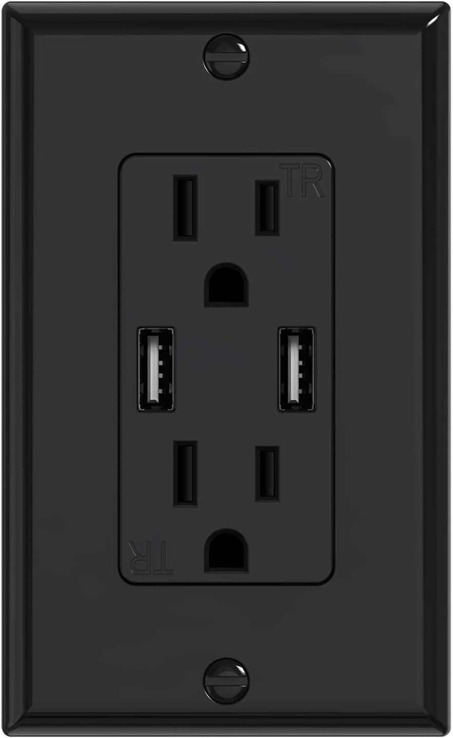 KYHSHJ 3.6A USB Wall Outlet Charger, 15A Tamper-Resistant Receptacles, Compatible with iPhone 11/X/XS/XR/SE/8, LG, HTC Samsung Galaxy S20/S10/S9/Note, More, ETL Certification, Black 1 Pack - - 