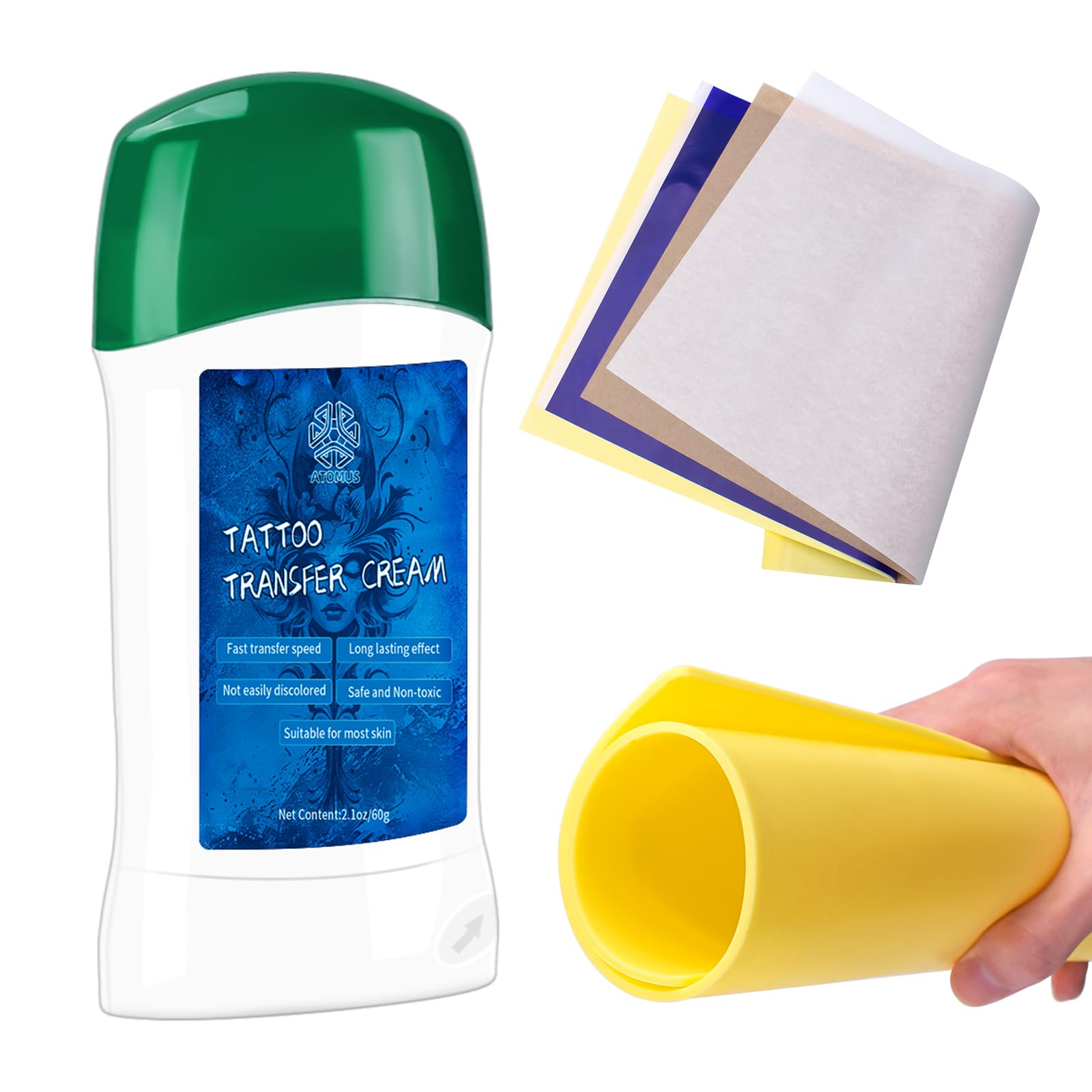 ATOMUS Tattoo Transfer Gel Paste Kit 60g Cream 5pcs Upgraded Transfer Paper and 3mm Practice Skin Tattoo Supplies Accessories