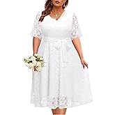 Women Plus Size Lace Bridal Shower Wedding Guest Cocktail Semi Formal V Neck Short Sleeve Midi Dresses