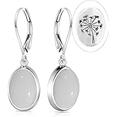Natural Simple Oval Stone Dangle Earrings,Retro S925 Sterling Silver Single Teardrop Genuine Crystal Quartz Gemstone Boho Bohemian Dandelion Flower Drop Earrings for Women
