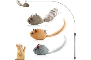 Andiker Cat Wand Toy, 3 Pack Plush Mouse Shapes Cat Feather Toys Refills with Bells and a 35.8'' Long Flexible Cat Stick, Int