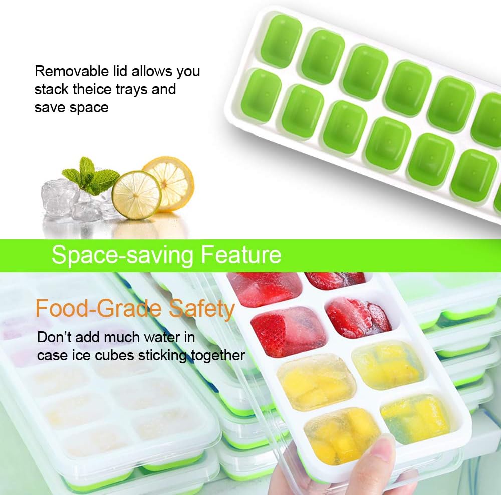 Ice Cube Trays with Lids 2 Pack, Easy-Release Silicone and Flexible 14-Ice Trays with Spill-Resistant Removable Lid for Chilled Drinks, Whiskey & Cocktails: Kitchen & Dining
