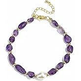Amethyst Bracelet, Healing Crystal Beaded Bracelet with Natural Pearl, Handmade Gold Plated Purple Stone Bracelets for Women