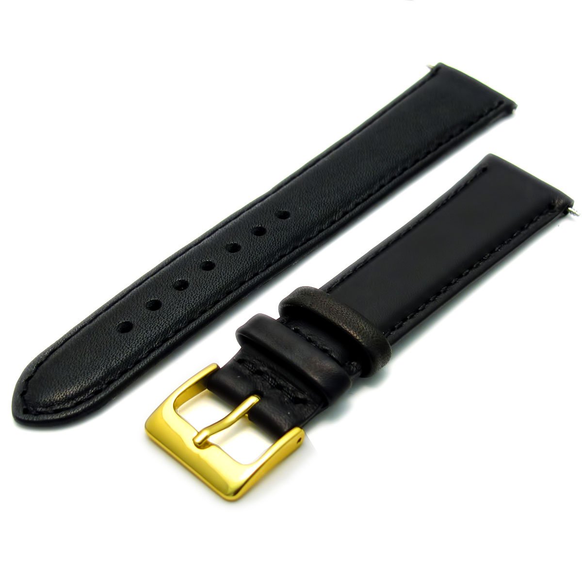 Soft Genuine Leather Watch Strap Band 18mm, Black, Gilt (Gold Colour) Buckle