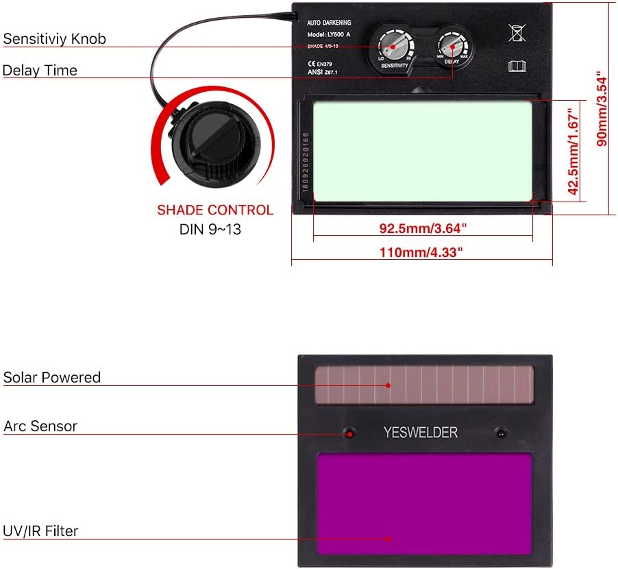 YESWELDER True Color Solar Powered Auto Darkening Welding Helmet, Wide Shade 4/9-13 for TIG MIG ARC Weld Hood Helmet - - 