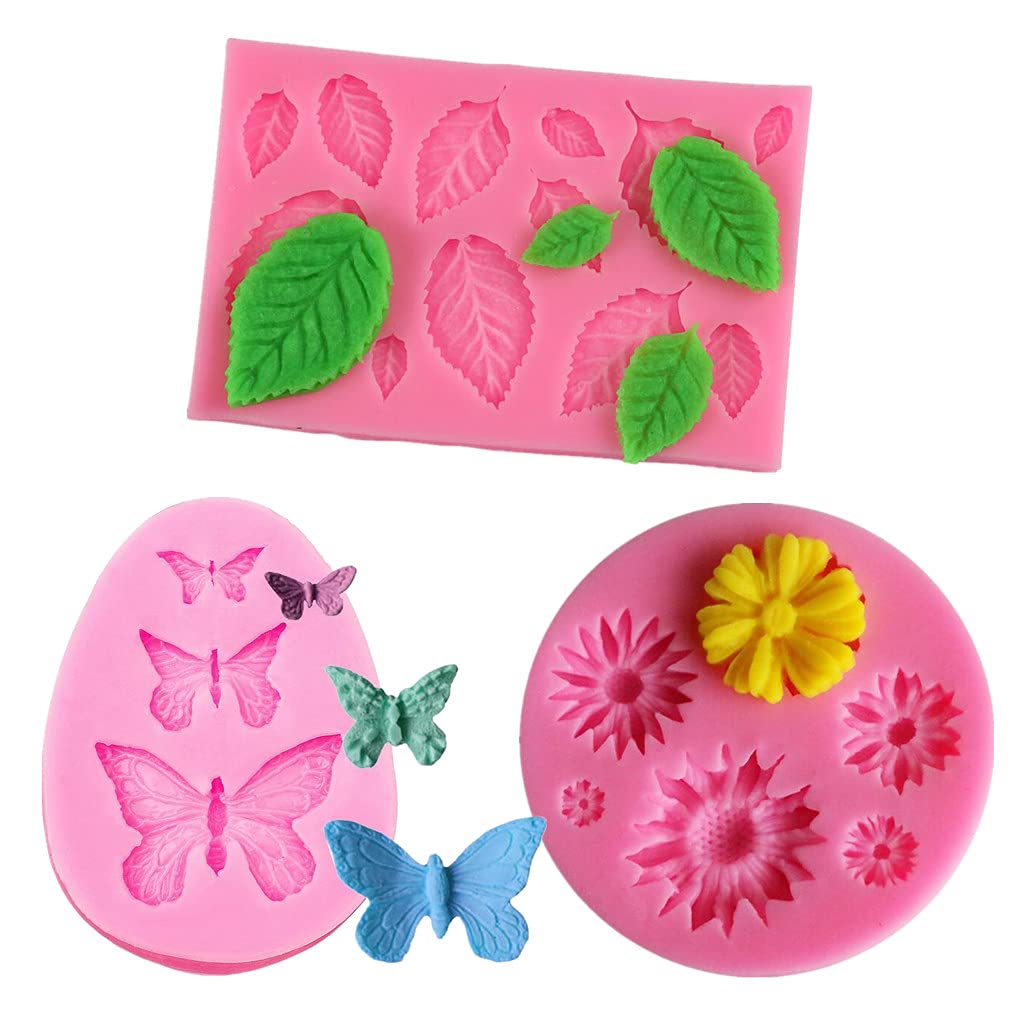 3 Pack Fondant Molds - Daisy, Butterfly, Leaf Silicone Chocolate Molds for Cake Decorating by RuiChy