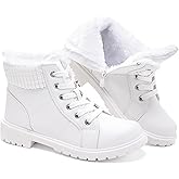 Uoidru Combat Boots For Women Ankle Booties Black Winter Snow Boots White Lace Up Boots Comfort Fuzzy Boot Side Zipper Short Boots