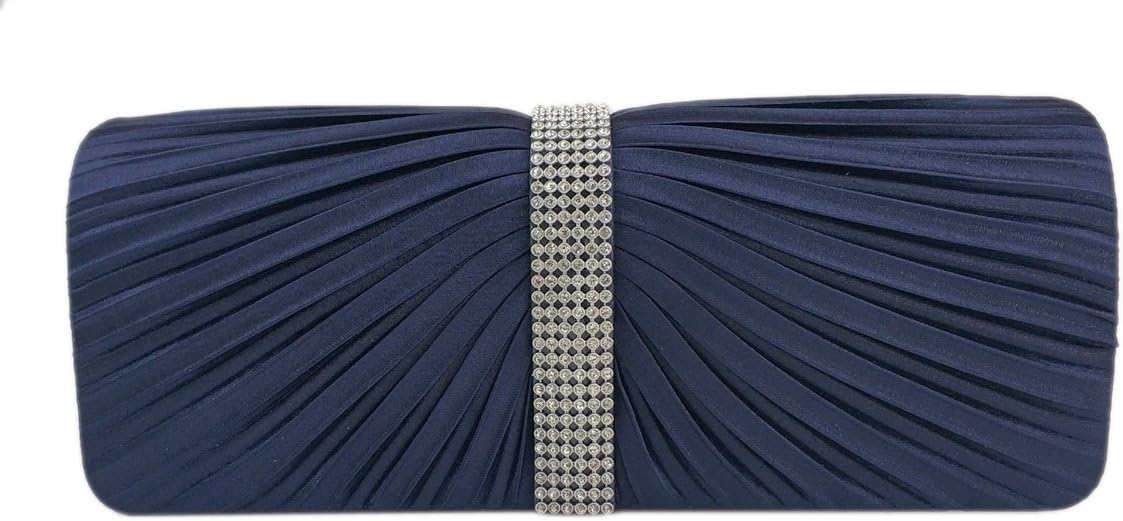 Womens Satin Diamante Pleated Evening Clutch Bag Bridal Handbag Prom Purse