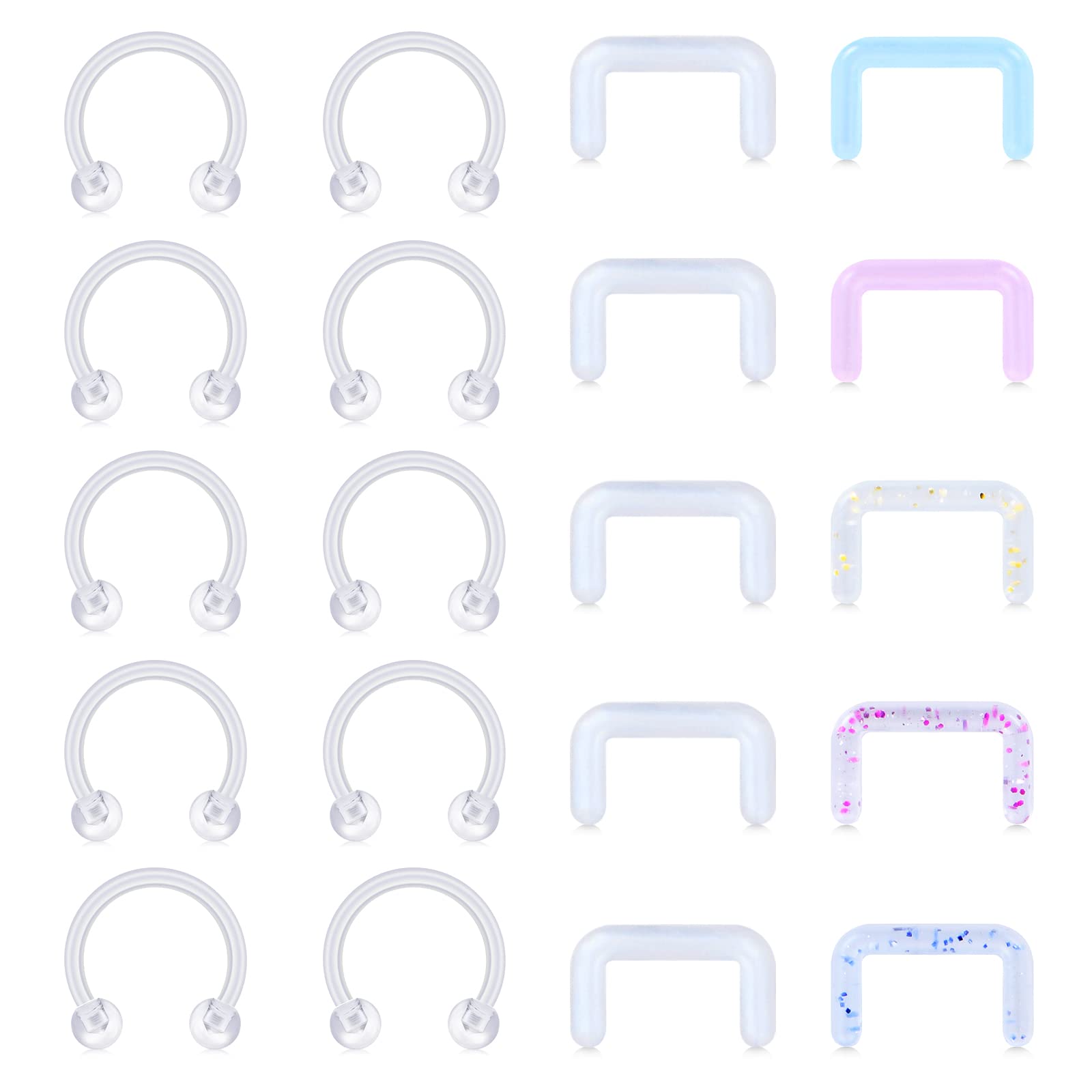 Crdifu 20pcs Plastic Horseshoe Septum Retainer 1.2mm Nose Ring Bioflex U-Shaped Piercing Hider Jewellery