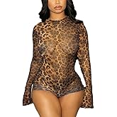 THLAI Sexy Leopard Print Jumpsuit for Women Mesh Bodycon Jumpsuits Hollow Out Jumpsuit Summer Club Outfits Going Out Outfits